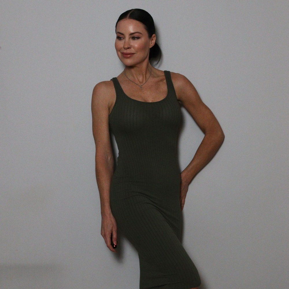 Ribbed Olive Green Sleeveless Dress